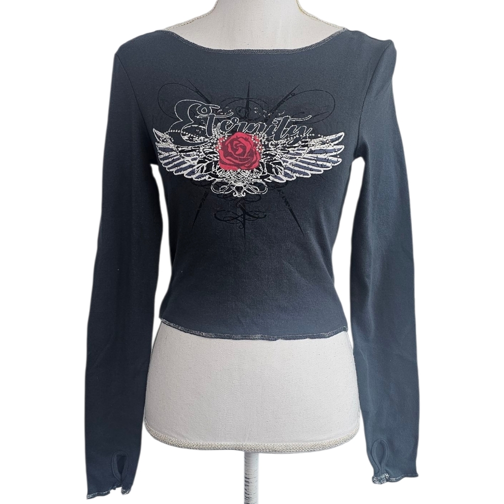 Rue21 Eternity Rose Graphic Crop Top Black Long Sleeve Y2K Goth Medium